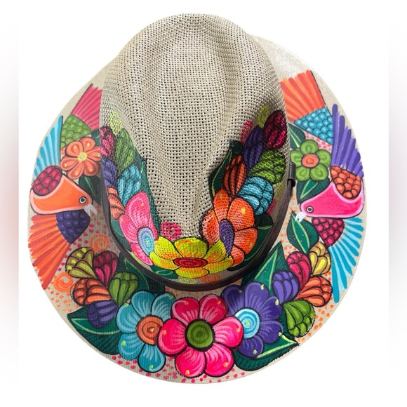 Hand Painted Floral Boho Wide Brim Hat | Colorful Artisan Festival Hat - Picture 4 of 7